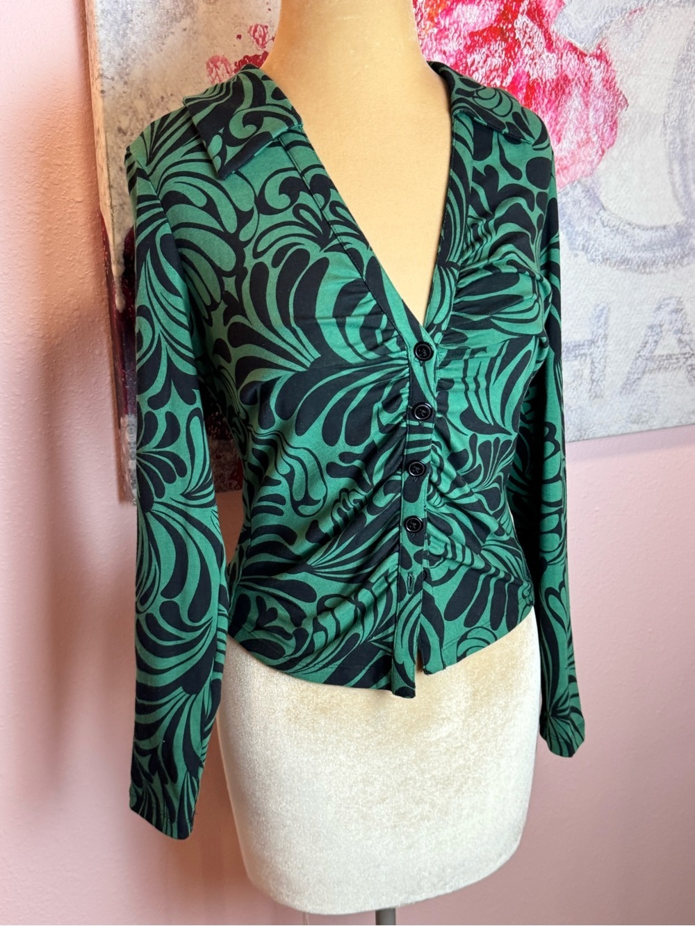 Anthropologie Maeve Green and Black Swirl Ruched Button-Front Shirt